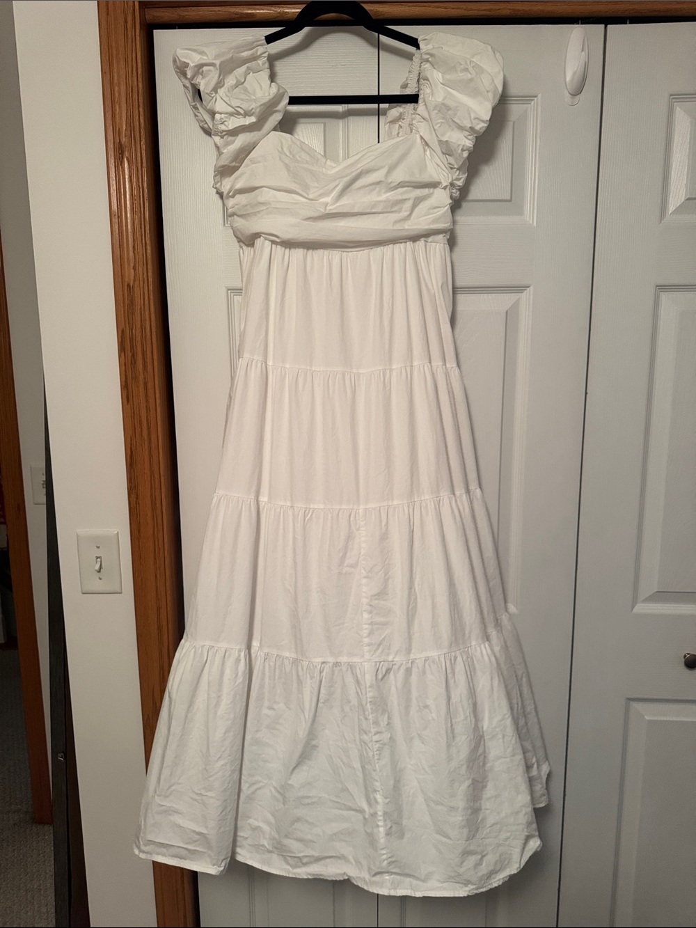 Altar'd State White Tiered Maxi Dress with Ruching and Puff Sleeves